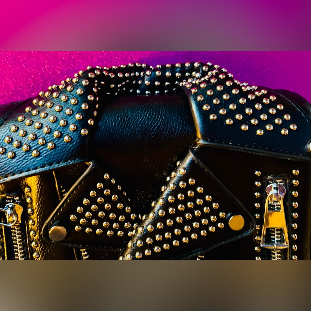 Motorcycle Jacket Inspired Studded Black Leather Crossbody or Clutch Bag NWWT - Picture 9 of 16